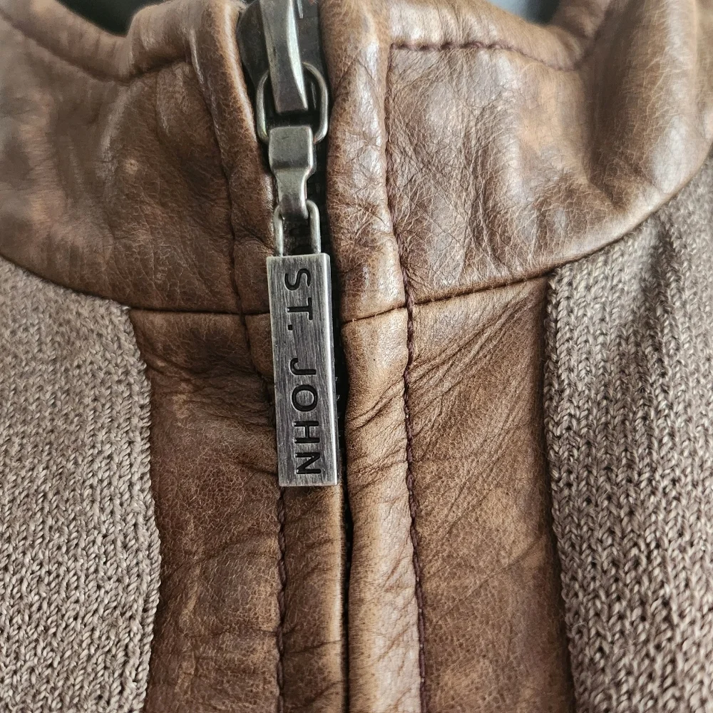 St. John Sport Brown Ribbed Leather Trim Zip Jacket size S
